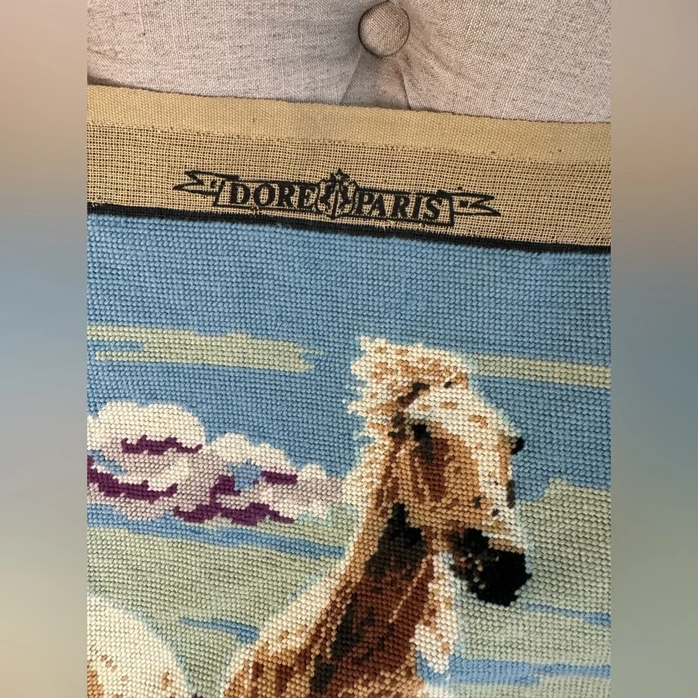 Vintage running wild horses large needlepoint tapestry 18” x 38”